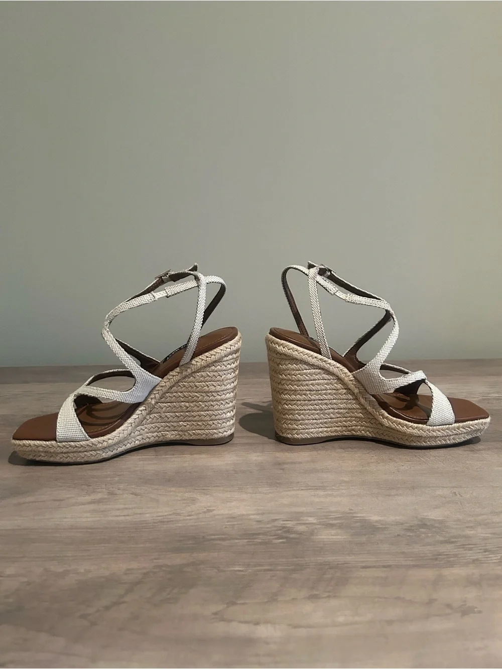 Nine West Cream Strappy Square-Toe Wedge Sandals